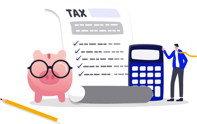 A piggy bank reviewing a tax form next to a calculator